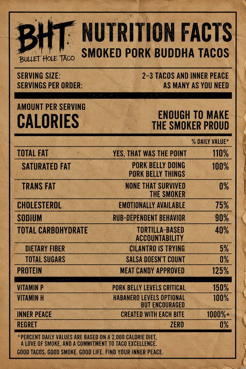 Nutrition facts for Smoked Pork Buddha Tacos — serving size 2 to 3 tacos and inner peace, calories enough to make the smoker proud