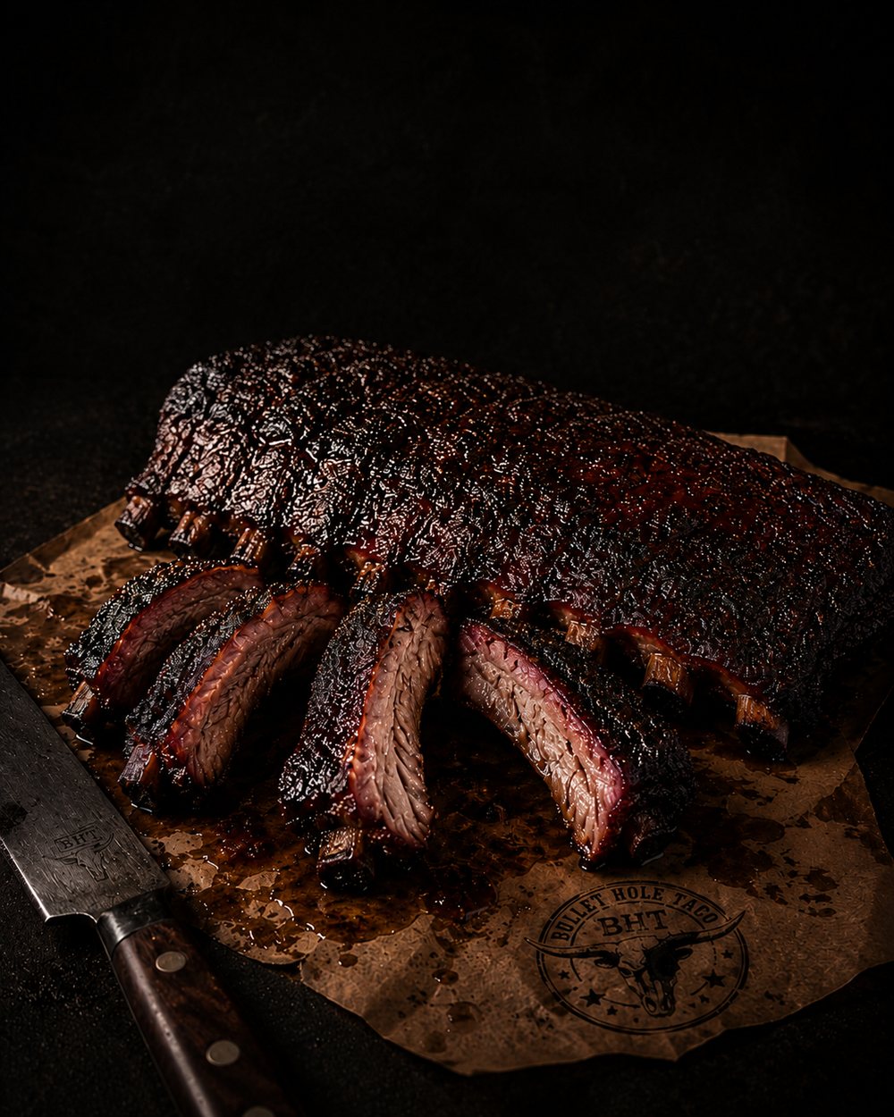 Sliced smoked ribs on butcher paper